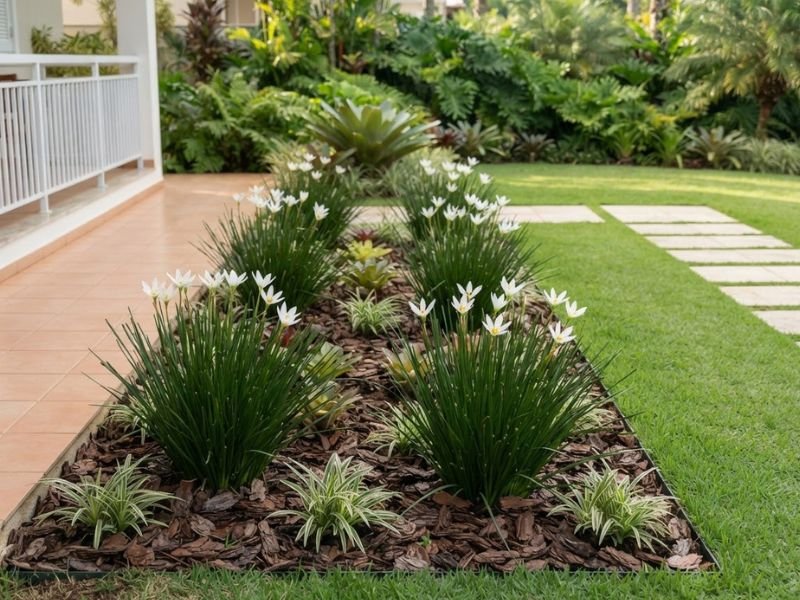 Touceiras de lírio do vento branco cultivadas em canteiro organizado com clorofitos, varanda e gramado ao lado.