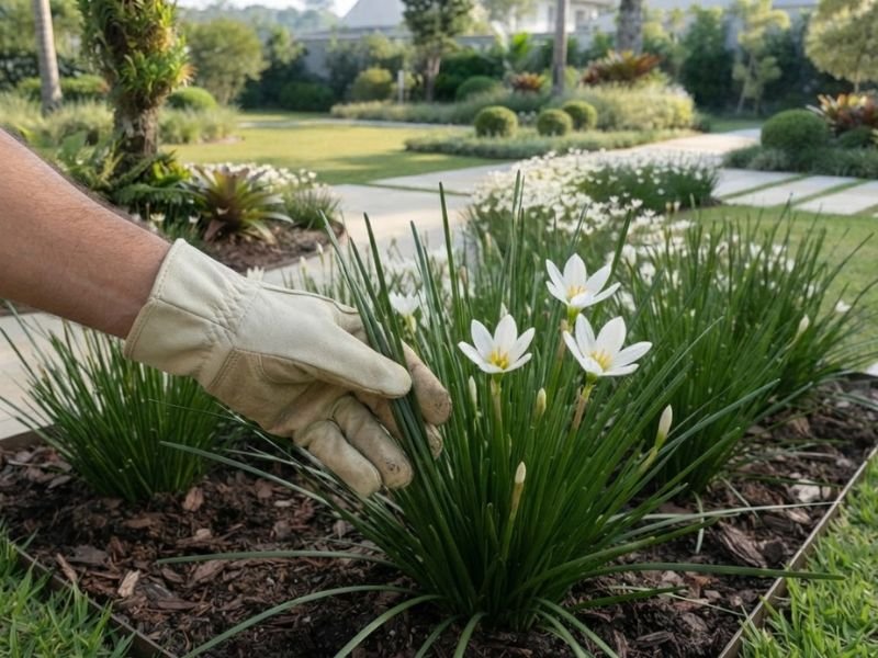 Mão protegida por luva de jardinagem próxima às folhas e flores do lírio do vento branco.