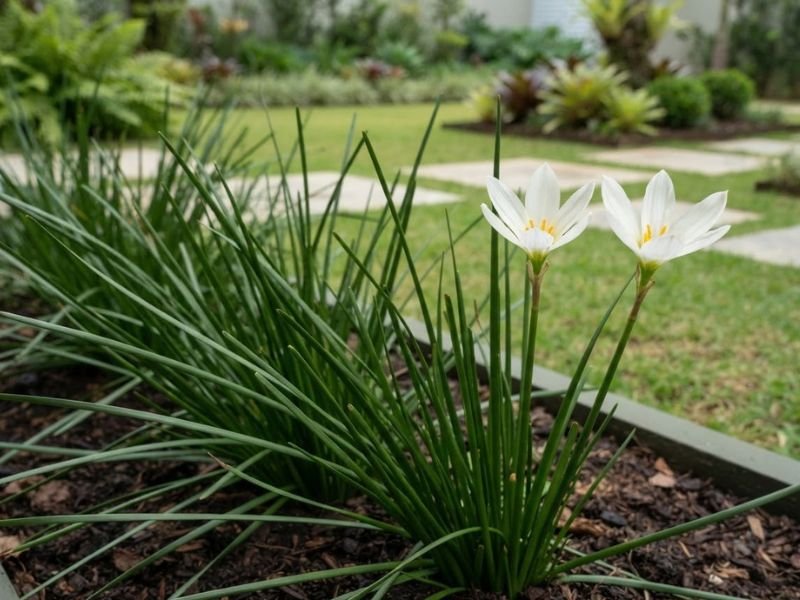 Duas flores brancas de lírio do vento em destaque, com centros amarelos e folhas estreitas ao redor.