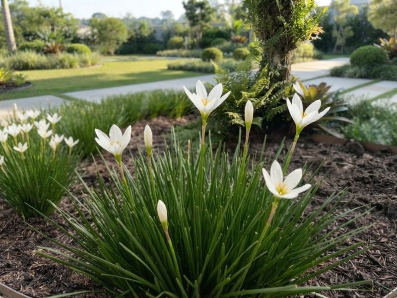 Touceira de lírio do vento branco com flores abertas e botões florais em diferentes estágios de desenvolvimento.