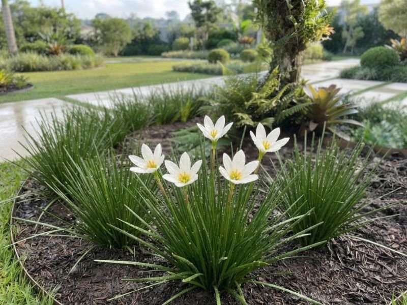 Flores brancas de lírio do vento com pequenas gotas de água sobre as pétalas e a folhagem.