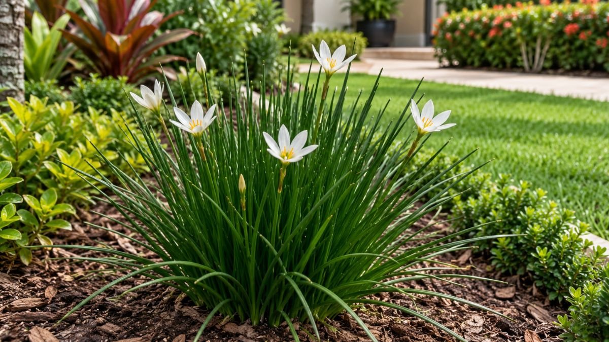 Lírio do vento branco com flores abertas, centros amarelos e folhas estreitas verde-escuras em um jardim residencial.