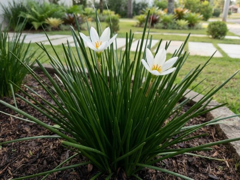 Duas flores brancas de lírio do vento em destaque entre folhas estreitas, espessas e verde-escuras.