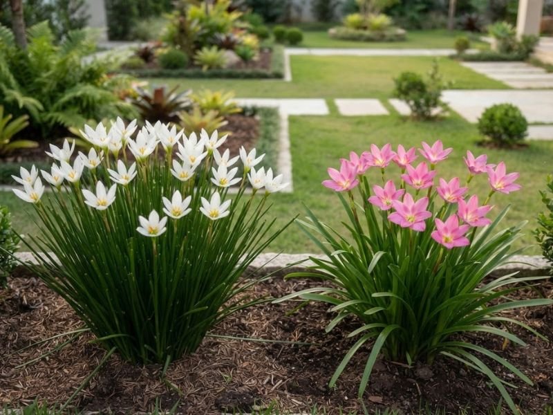 Comparação entre lírio do vento branco de folhas estreitas e lírio da chuva rosa com folhagem mais achatada.
