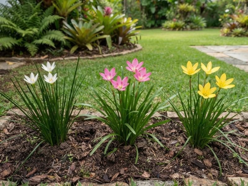 Três grupos de lírios do vento com flores brancas, rosas e amarelas cultivados em canteiro ornamental.