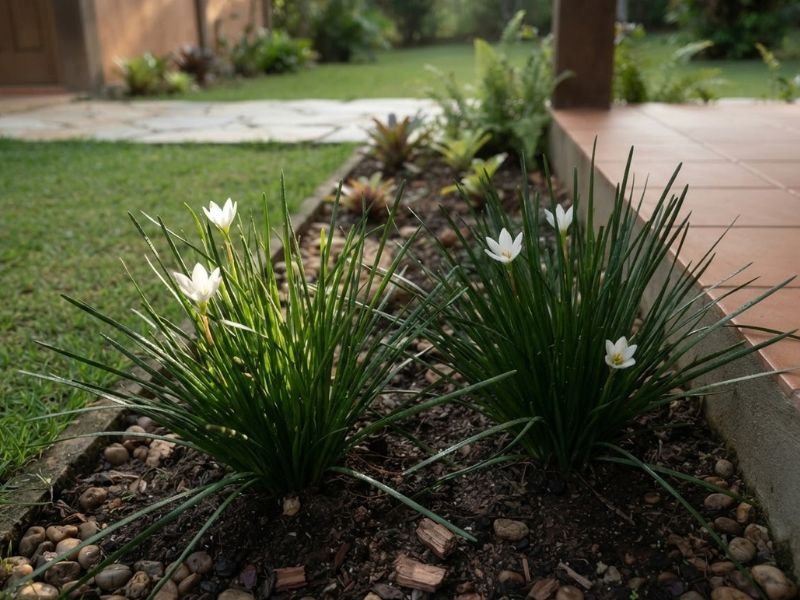 Duas touceiras de lírio do vento branco recebendo luz natural em canteiro próximo à varanda.