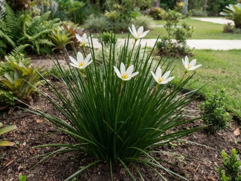 Touceira de lírio do vento branco com folhas estreitas e flores brancas cultivada em canteiro residencial.