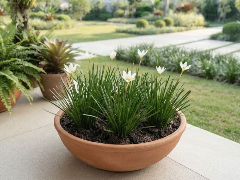 Lírio do vento branco cultivado em vaso baixo de cerâmica, com folhas verde-escuras e pequenas flores brancas.