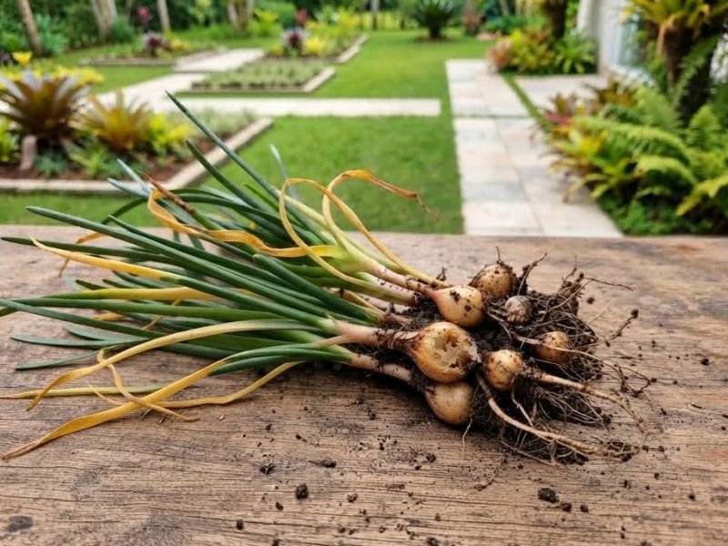 Touceira de lírio do vento com folhas amareladas e pequenos bulbos danificados expostos sobre bancada de madeira.