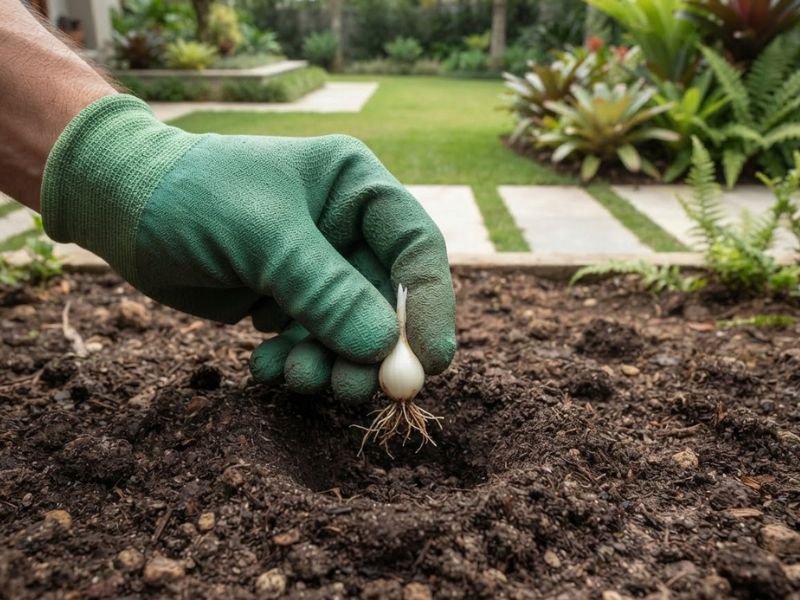 Mão com luva verde posicionando um pequeno bulbo de lírio do vento em uma cova preparada no solo.