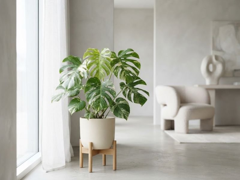 Costela de adão variegata próxima de uma janela com luz indireta