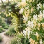 Madressilva florida com flores brancas e amarelo-creme em destaque no pergolado de um jardim residencial