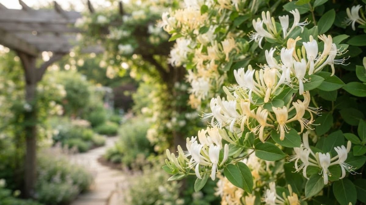 Madressilva florida com flores brancas e amarelo-creme em destaque no pergolado de um jardim residencial