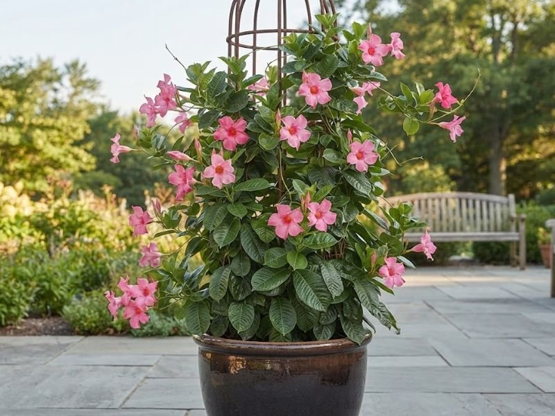 Mandevilla trepadeira cultivada em vaso grande com treliça alta em área externa.