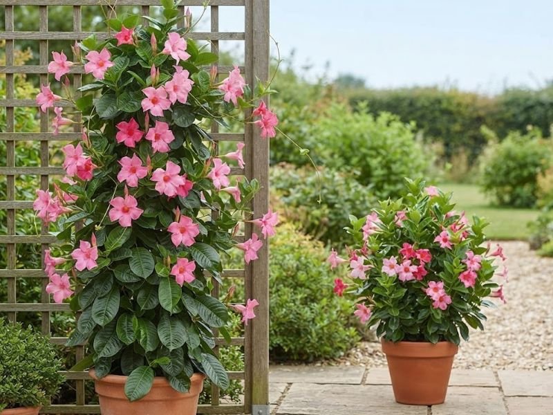 Mandevilla trepadeira de folhas grandes ao lado de dipladênia compacta cultivada em vaso.