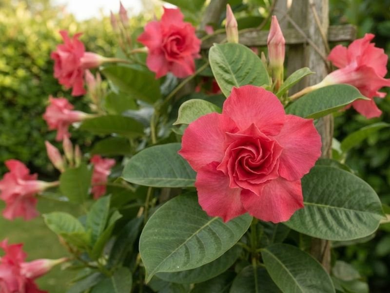 Mandevilla trepadeira com flor dobrada rosa-avermelhada e pétalas adicionais no centro.