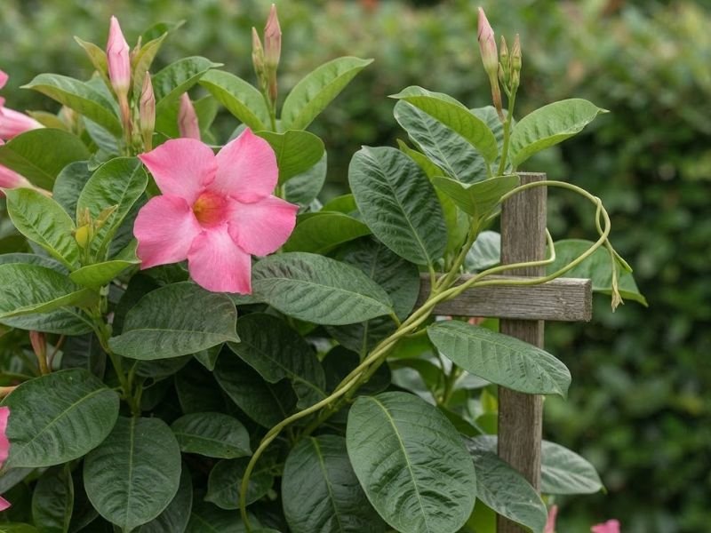 Detalhe de mandevilla mostrando flor rosa, botões, folhas grandes e ramo enrolado no suporte.