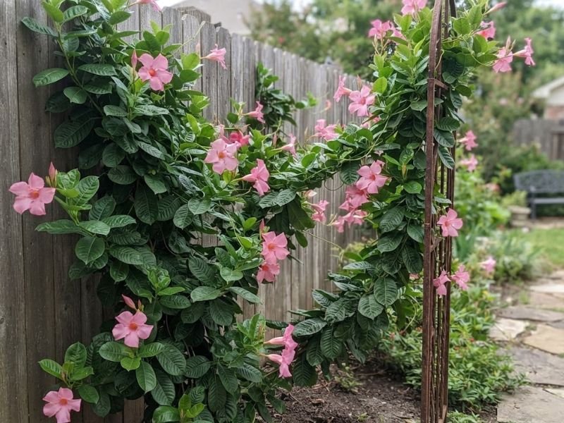 Pergolado de jardim parcialmente coberto por mandevilla trepadeira com grandes flores rosas.