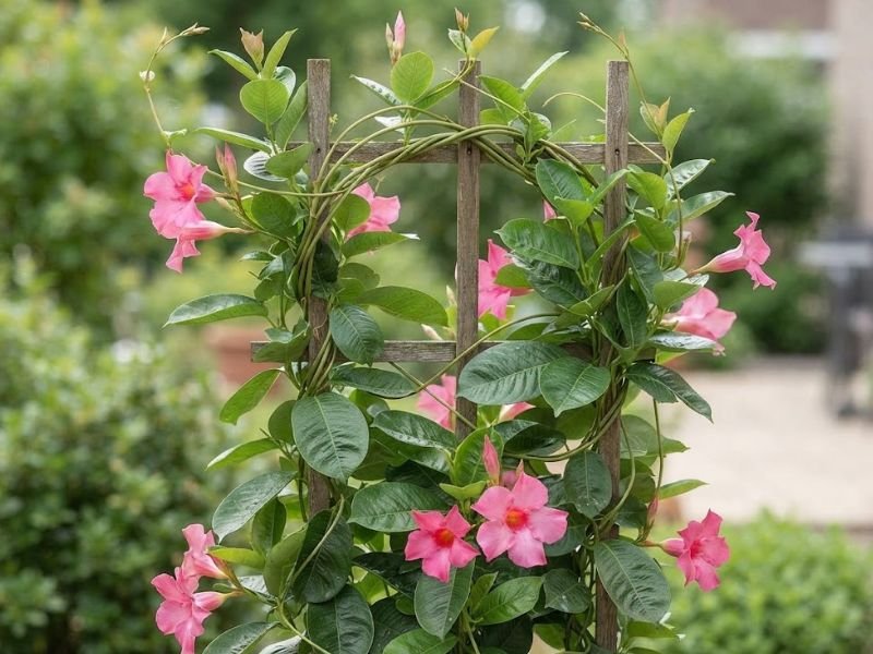 Ramos de mandevilla trepadeira se enrolando naturalmente em uma estrutura de madeira.