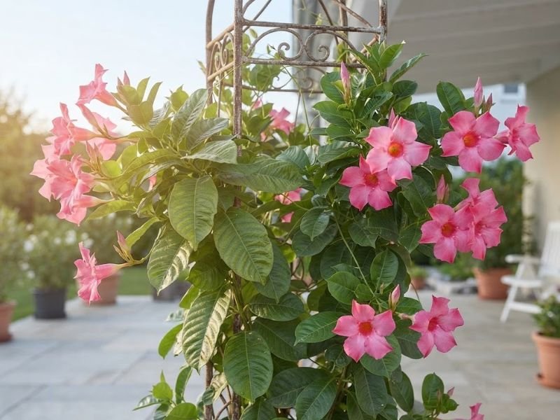 Mandevilla florida recebendo sol suave da manhã em jardim claro e protegido.