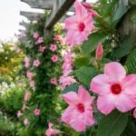 Mandevilla trepadeira com grandes flores rosas crescendo sobre pergolado em jardim residencial.