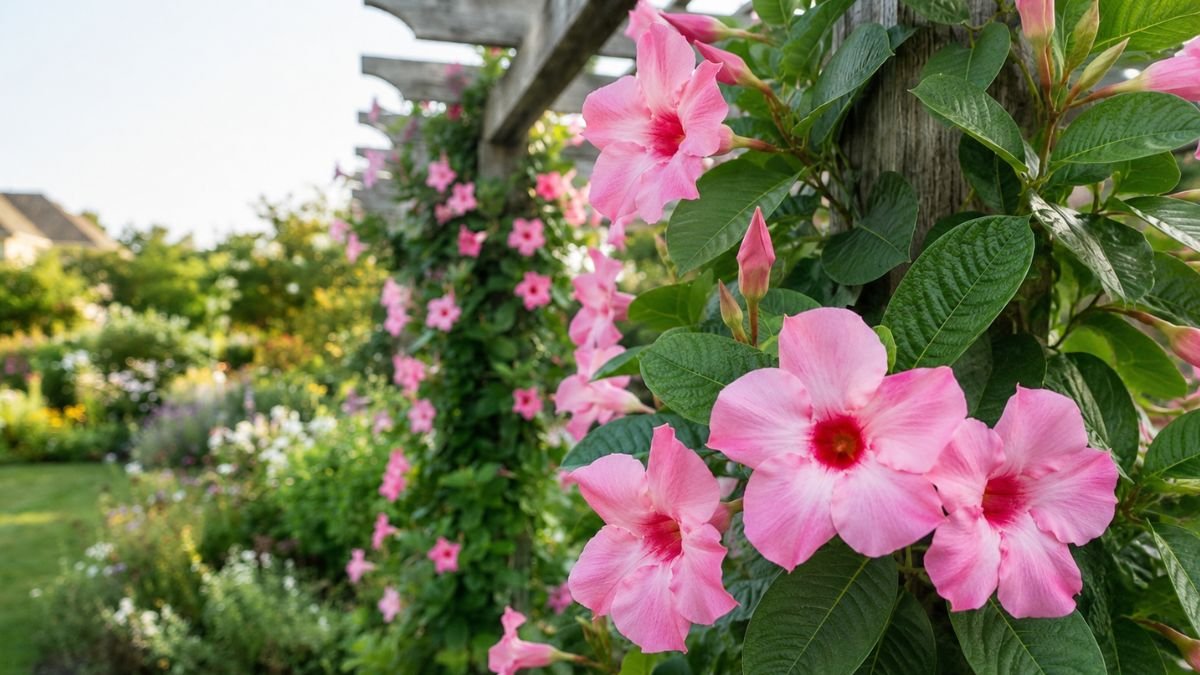 Mandevilla trepadeira com grandes flores rosas crescendo sobre pergolado em jardim residencial.