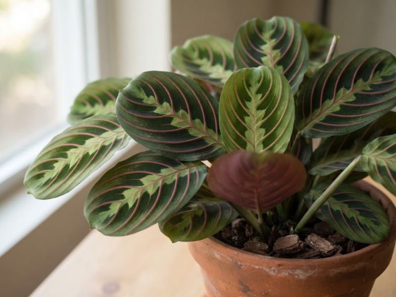 Folhas da maranta bigode-de-gato com nervuras vermelhas bem marcadas