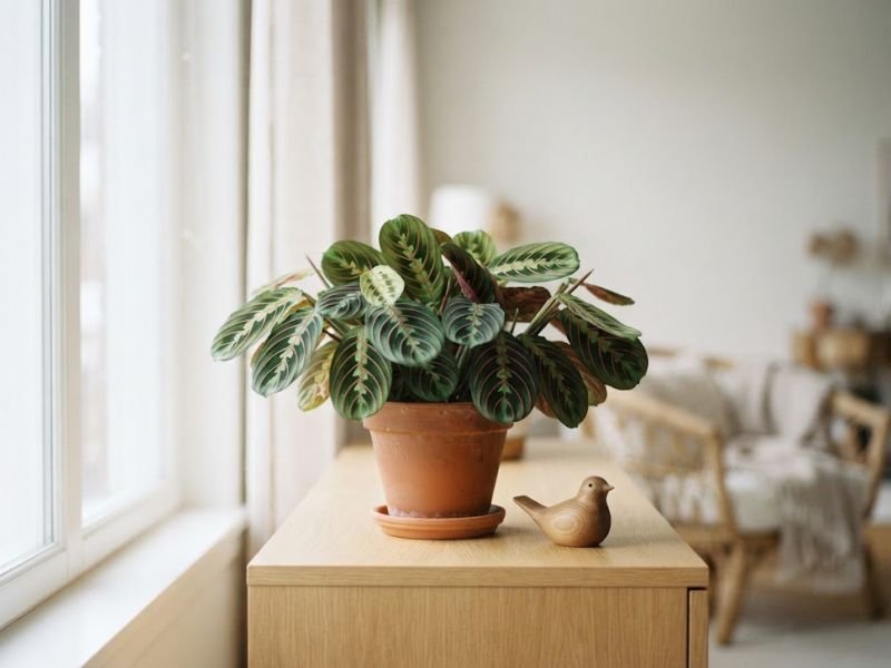 Maranta leuconeura cultivada em sala clara próxima a uma janela