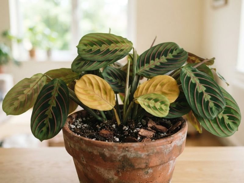 Maranta leuconeura com algumas folhas amarelas entre a folhagem verde