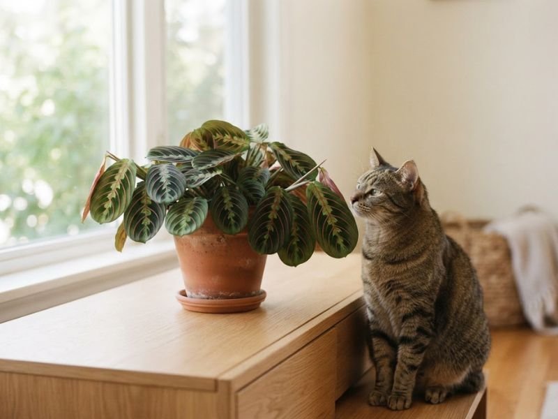 Gato próximo a vaso de maranta leuconeura em ambiente interno