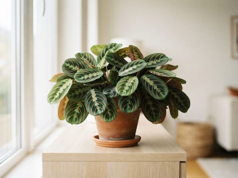 Maranta leuconeura adulta e cheia com folhas verdes e nervuras avermelhadas
