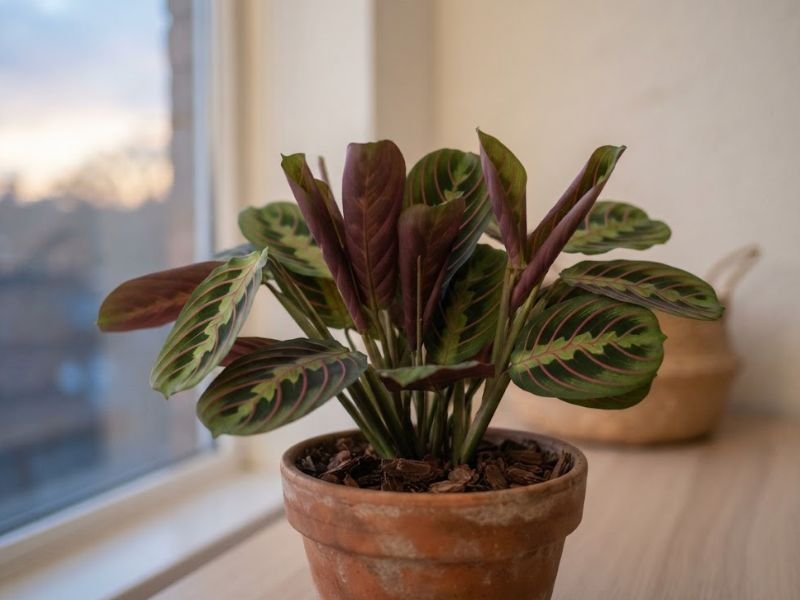 Maranta leuconeura com folhas mais erguidas ao entardecer