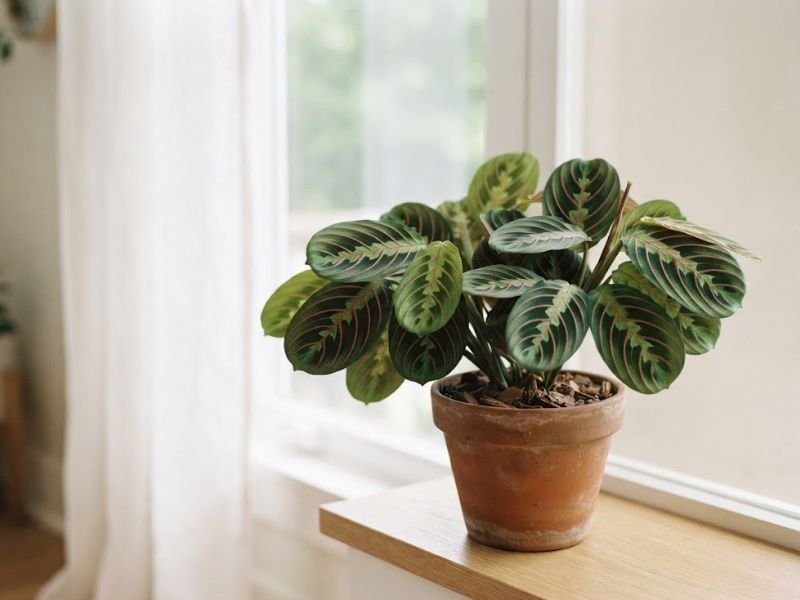 Maranta leuconeura próxima a uma janela recebendo luz indireta filtrada