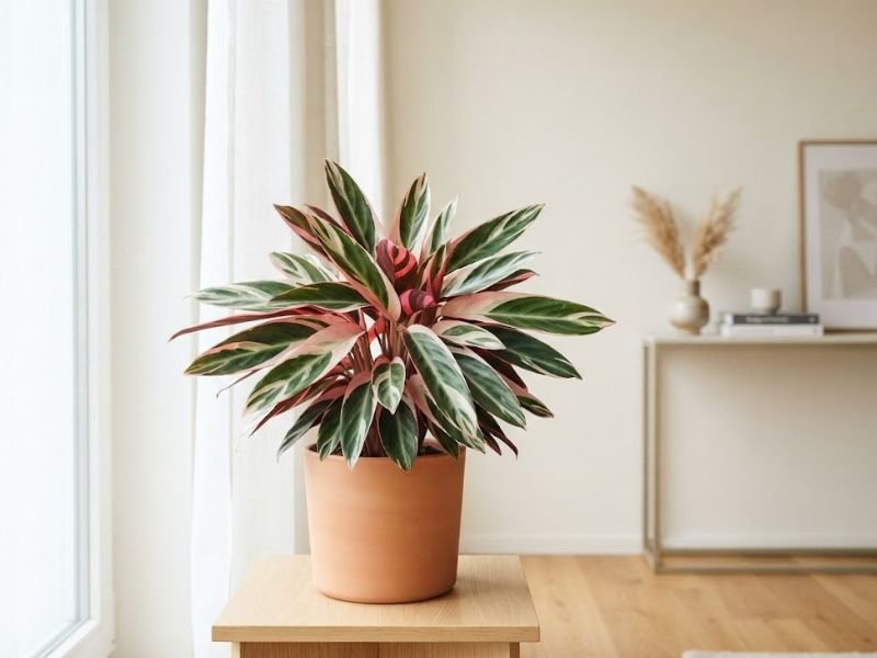 Maranta tricolor cultivada dentro de sala clara próxima a uma janela
