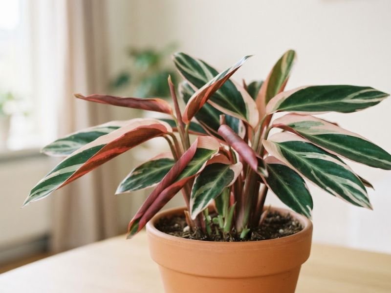 Maranta tricolor com algumas folhas parcialmente enroladas por estresse de cultivo