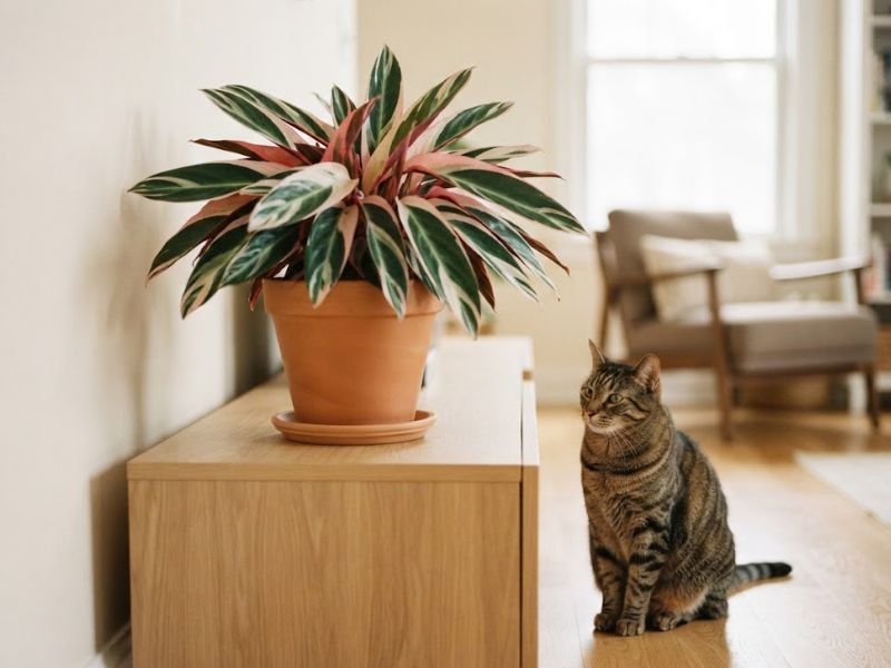 Gato próximo a vaso de maranta tricolor em ambiente interno claro