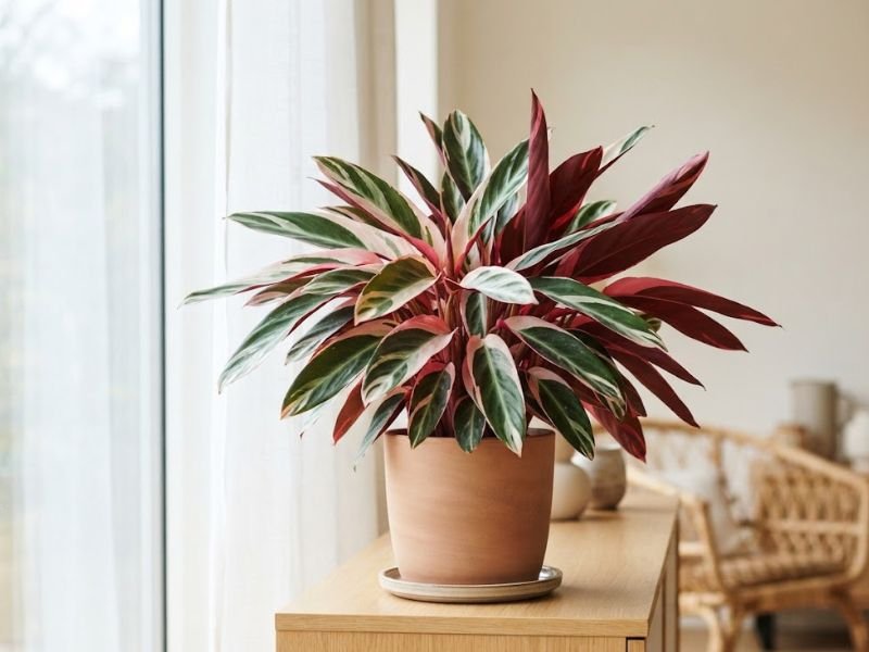 Maranta tricolor exuberante com folhas verdes, creme, rosa e vinho em ambiente interno