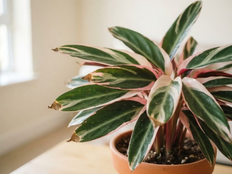 Folhas de maranta tricolor com pontas marrons e ressecadas
