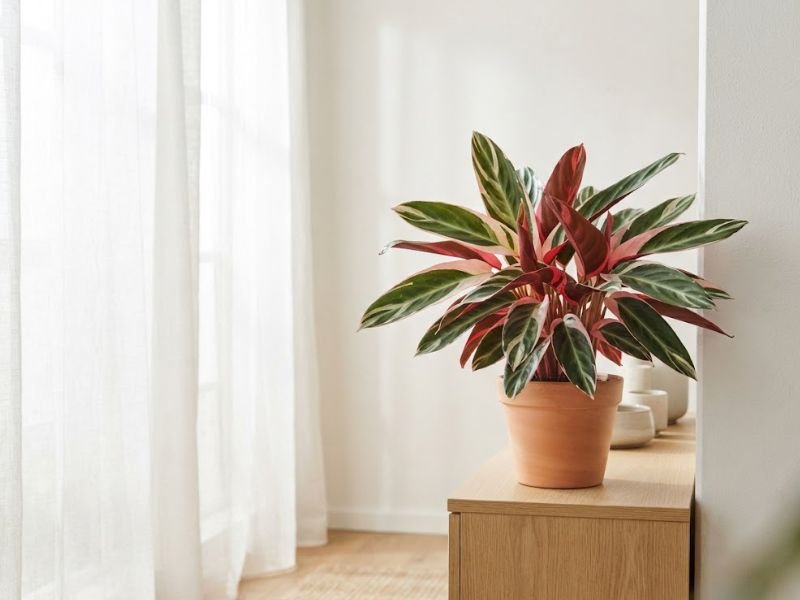 Maranta tricolor próxima a janela recebendo luz natural indireta e filtrada