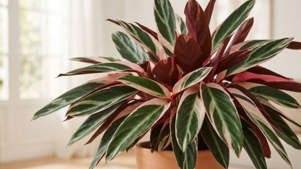 Maranta tricolor com folhas variegadas em verde, creme, rosa e vinho dentro de casa