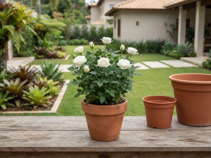 Mini rosa branca em vaso pequeno ao lado de vasos vazios de tamanhos diferentes.