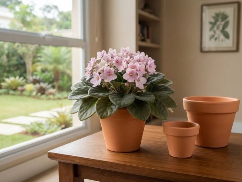 Violeta-africana rosa em vaso proporcional ao lado de recipientes de tamanhos diferentes