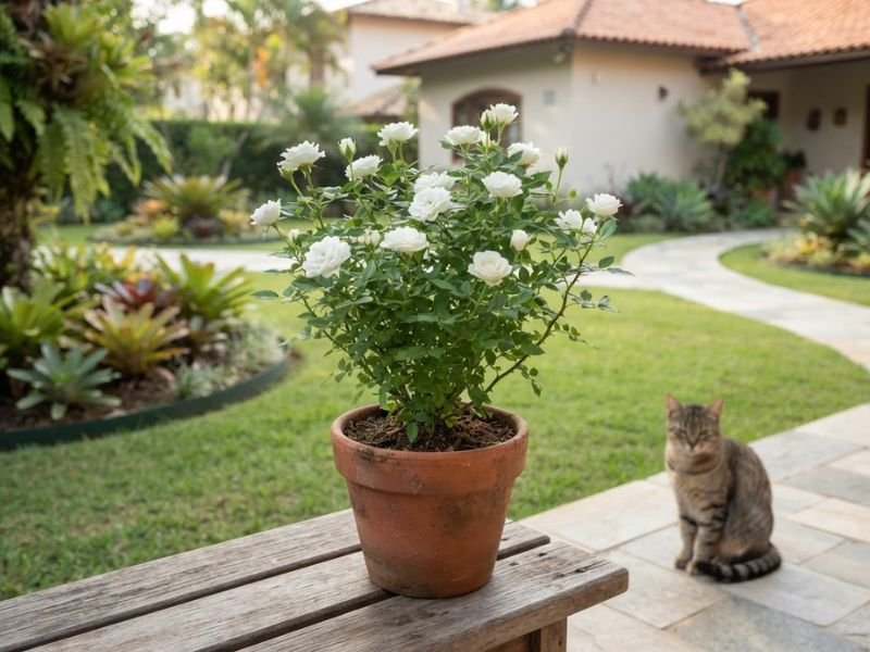 Mini rosa branca em vaso com gato sentado a uma distância segura da planta.