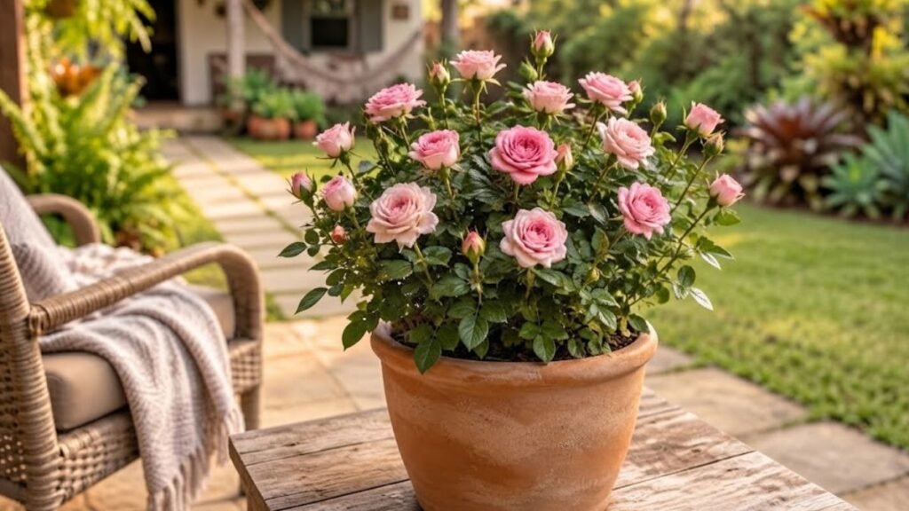 Mini rosa de flores cor-de-rosa em vaso de barro sobre mesa de madeira em jardim residencial.
