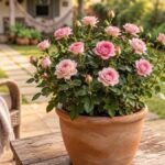 Mini rosa de flores cor-de-rosa em vaso de barro sobre mesa de madeira em jardim residencial.