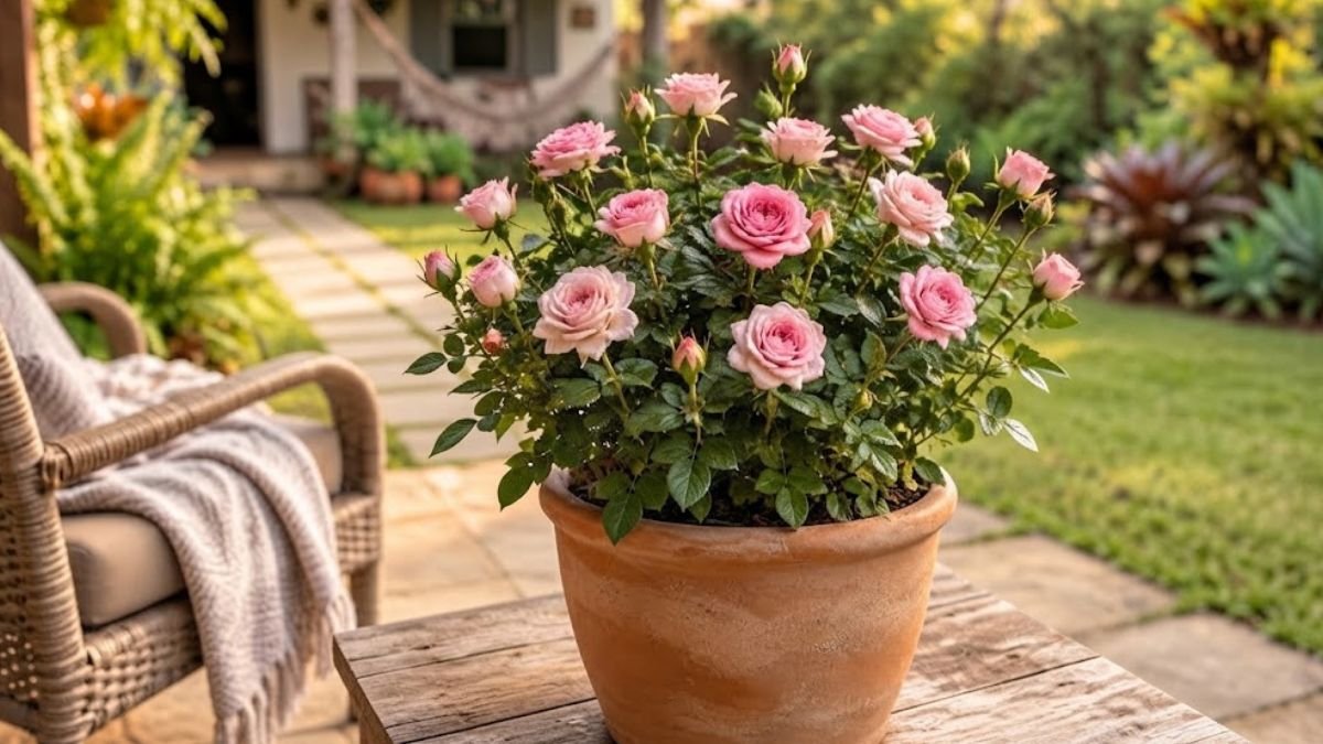 Mini rosa de flores cor-de-rosa em vaso de barro sobre mesa de madeira em jardim residencial.