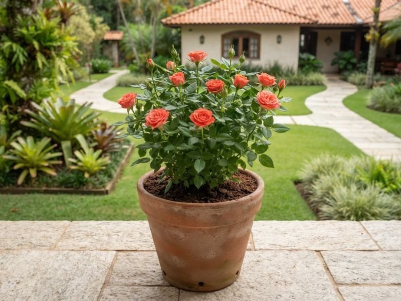 Mini rosa coral cultivada em vaso com boa drenagem em área externa