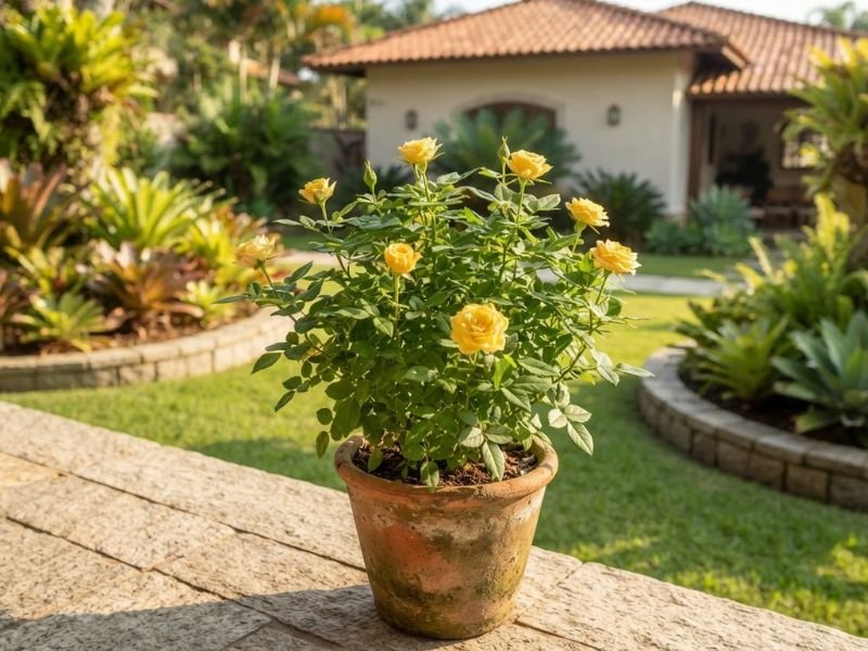 Mini rosa amarela em vaso recebendo sol direto em jardim residencial.