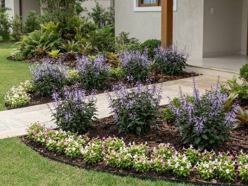Grupos de mona lavender florida em canteiros junto a um caminho, com flores brancas e rosas na borda.