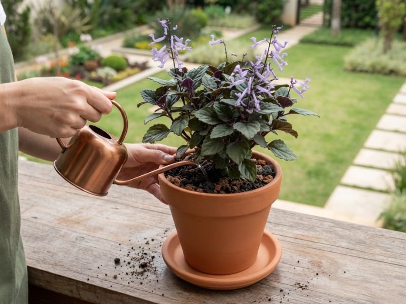 Pessoa regando o substrato de uma mona lavender florida em vaso de terracota.